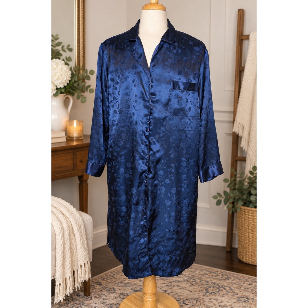Vintage 90s Delta Burke 1X Navy Satin Floral Jacquard Sleep Shirt Nightgown